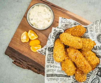 Chip-Crusted Salmon Fingers with Tartar Sauce