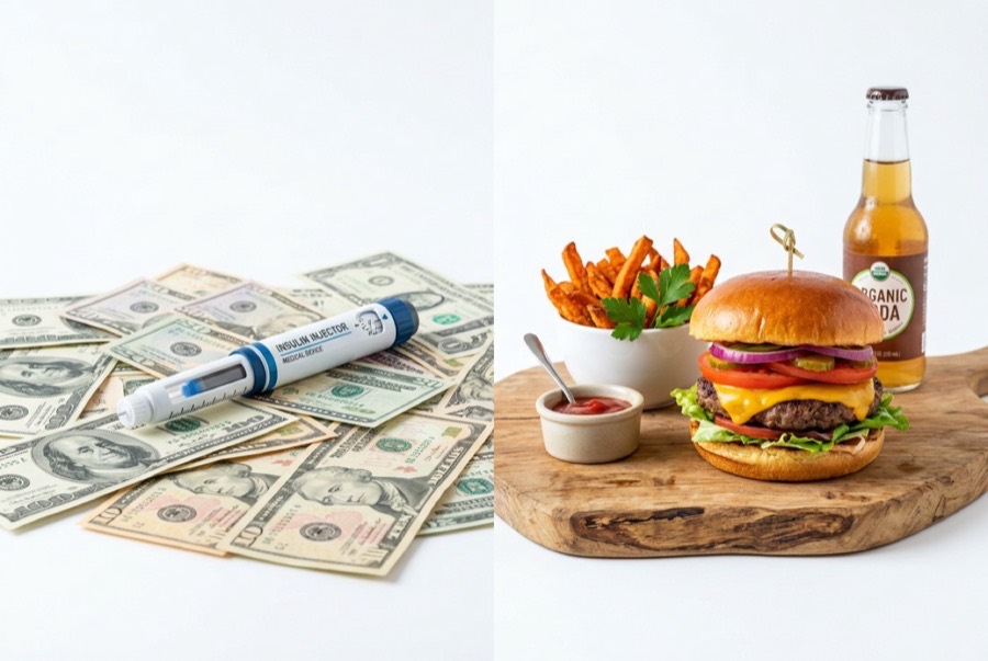 An expensive injection pen and money on one side, a home-cooked meal on the other